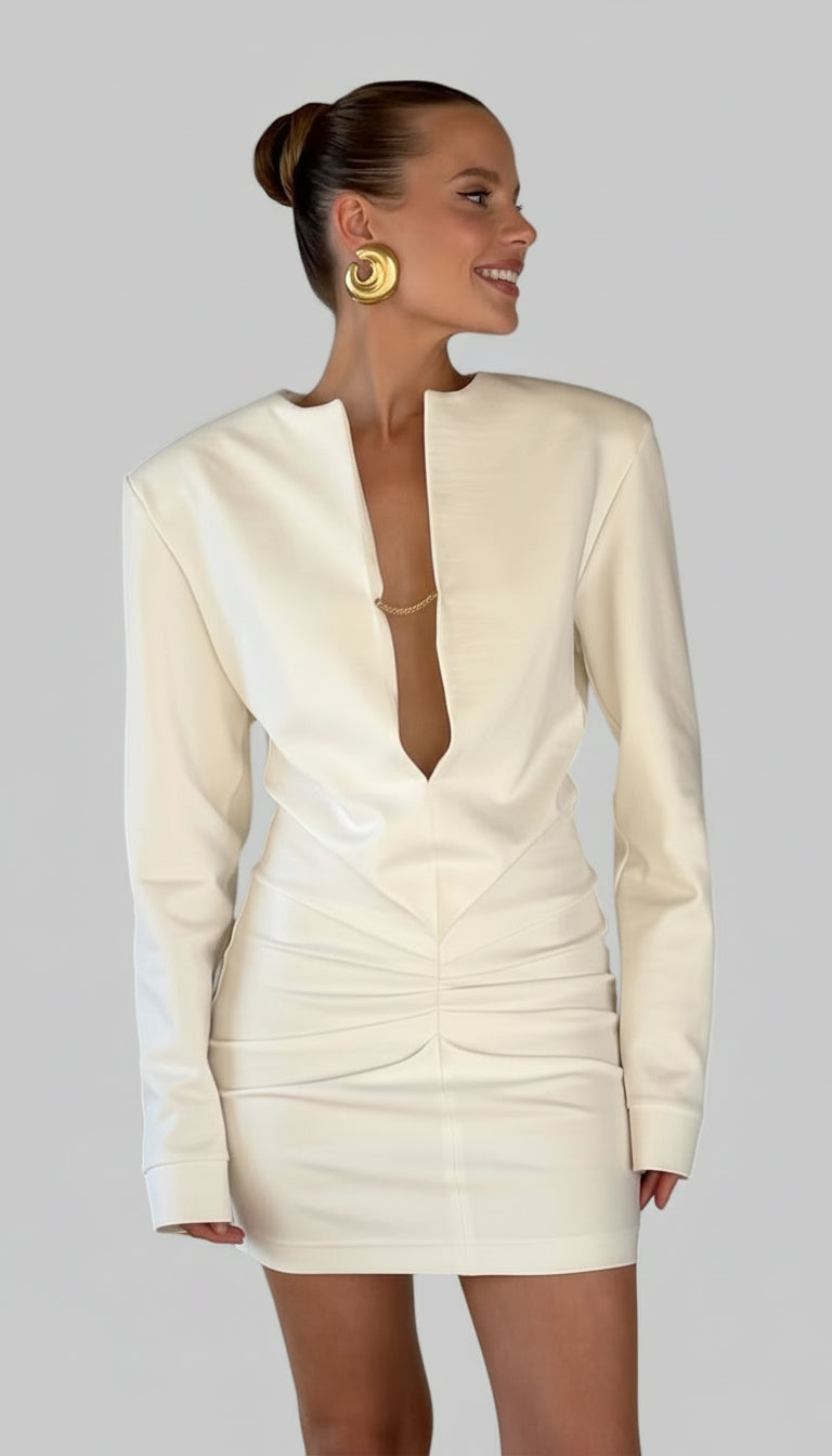 Deep V-Neck Pleated Mini Dress